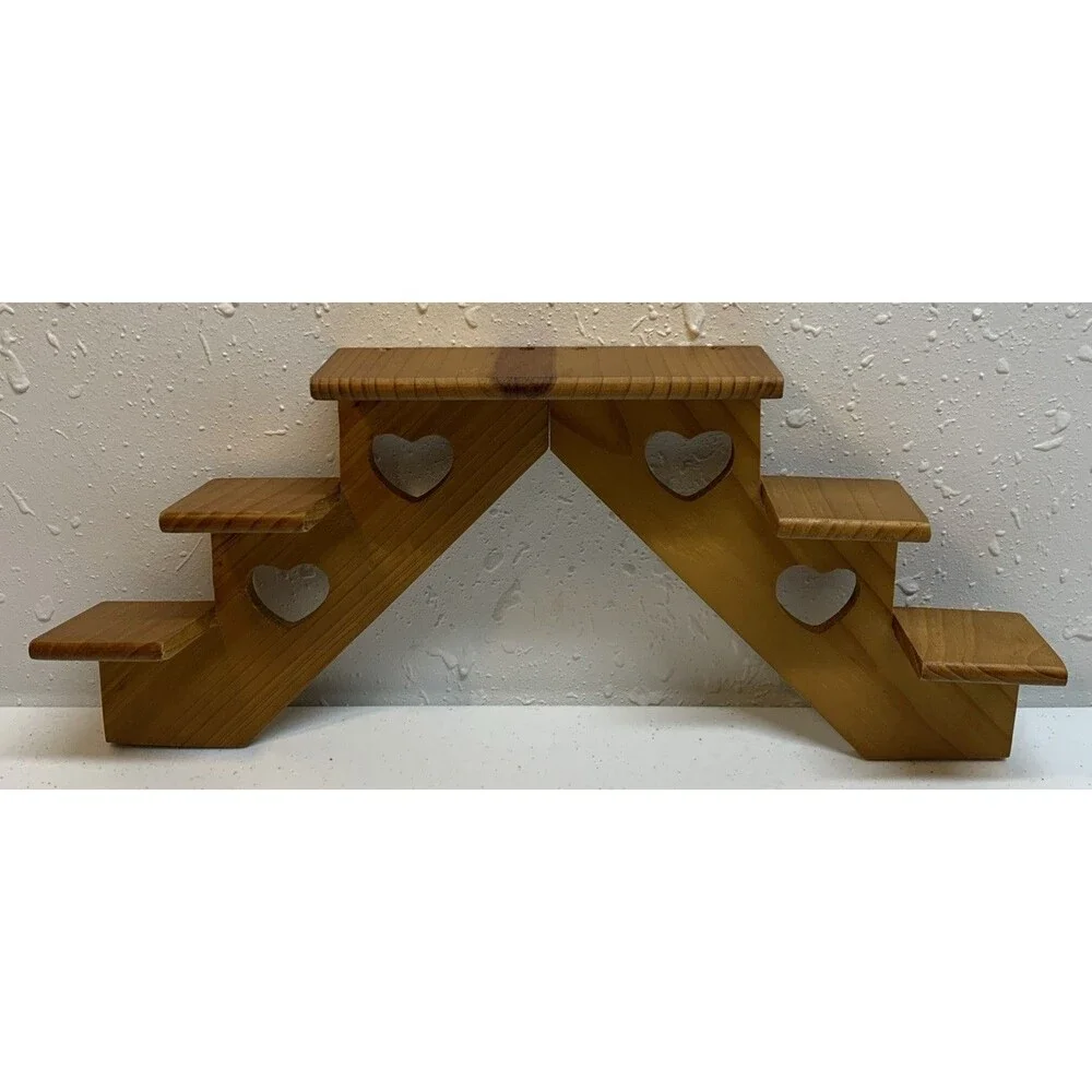 Wooden Floating Stair Step Shelf Wood Curio Hearts Rustic Farmhouse